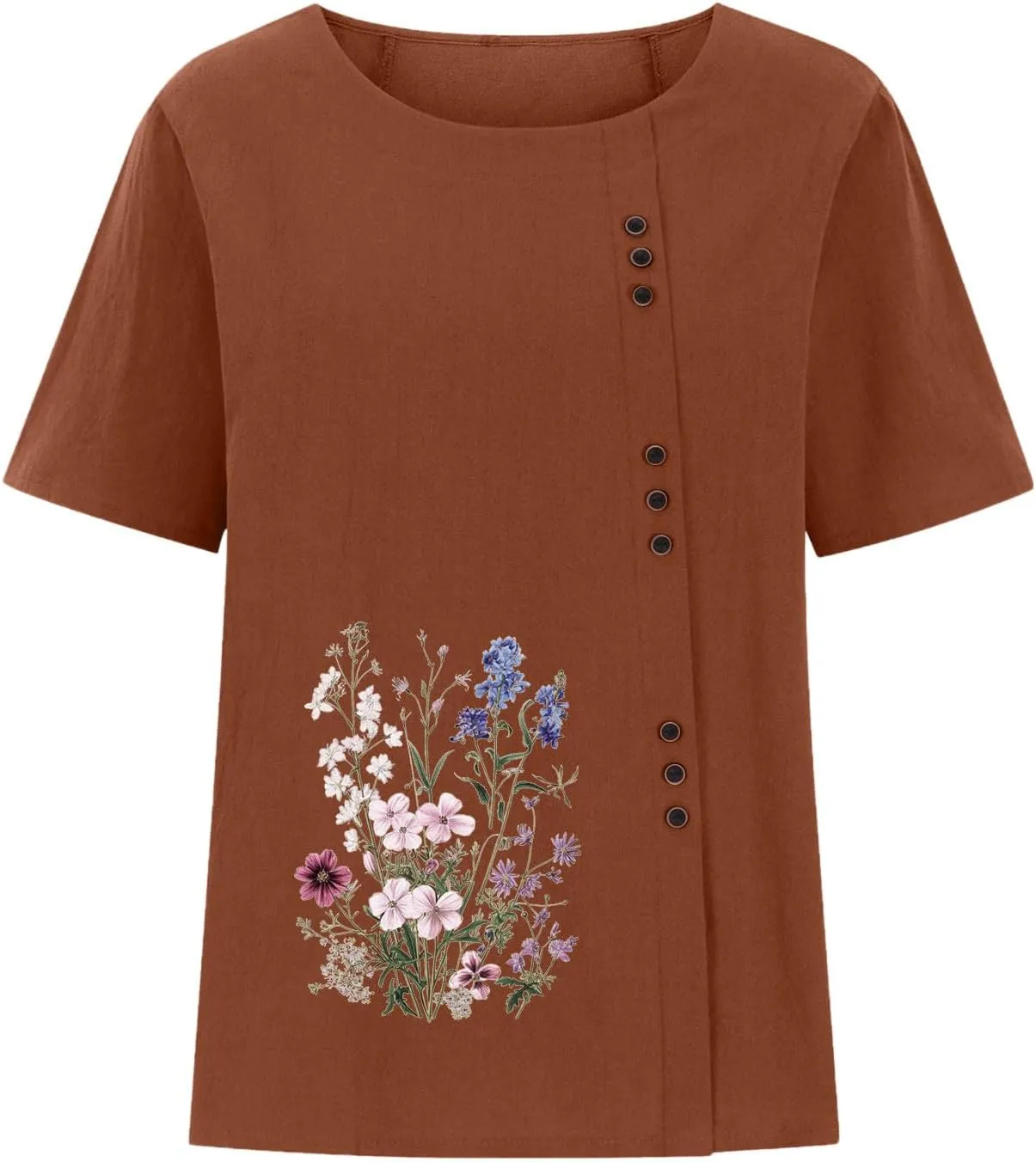 Linen Tops for Women Cute Floral Printed Shirts Crew Neck Short Sleeve Loose Fit Graphic Tees Summer Casual Blouses