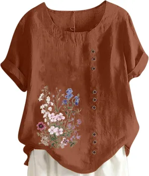 Linen Tops for Women Cute Floral Printed Shirts Crew Neck Short Sleeve Loose Fit Graphic Tees Summer Casual Blouses