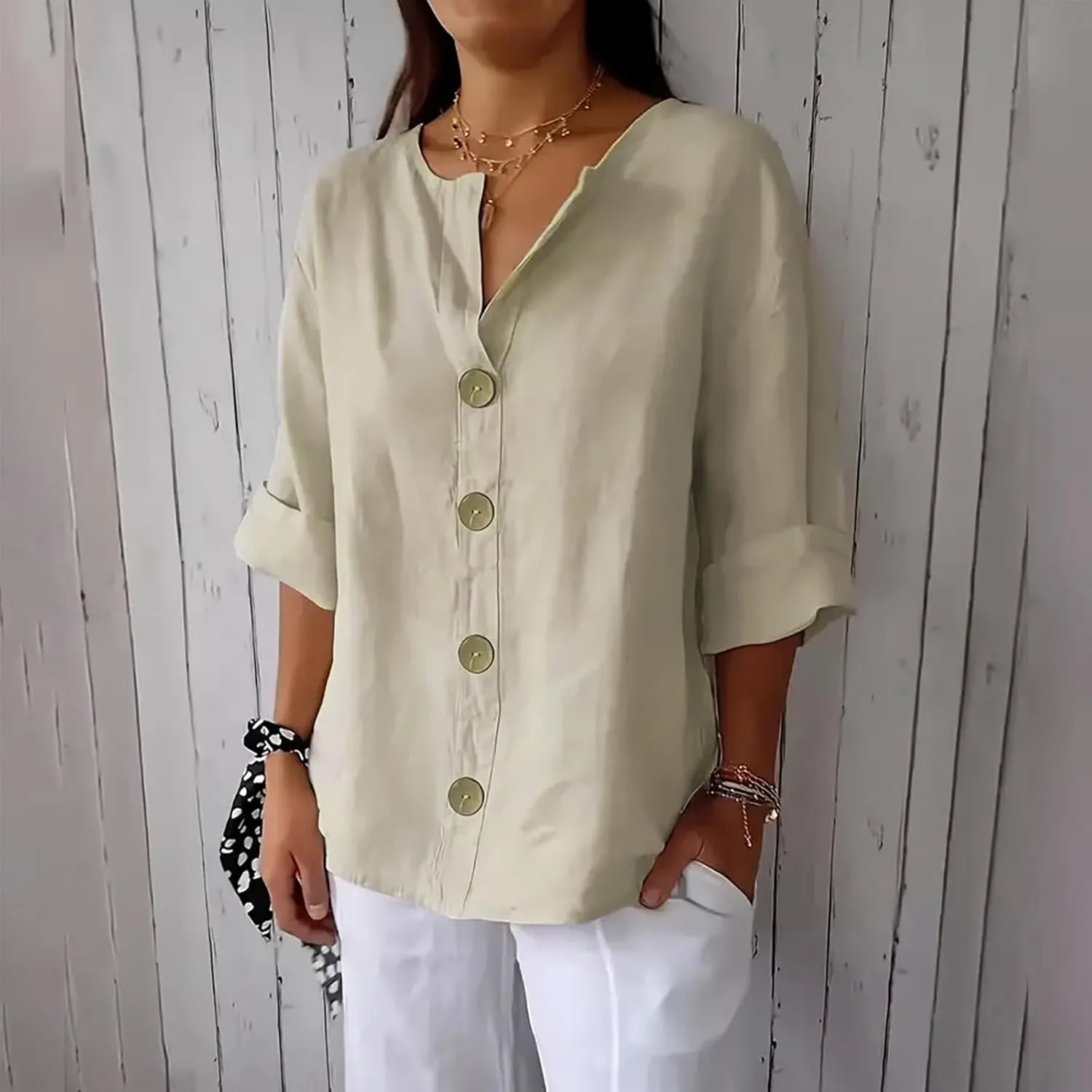 Linen Tops for Women Summer V Neck 3/4 Length Sleeve Womens Tops with Button Roll-Up Sleeve Casual Loose Fit Blouses