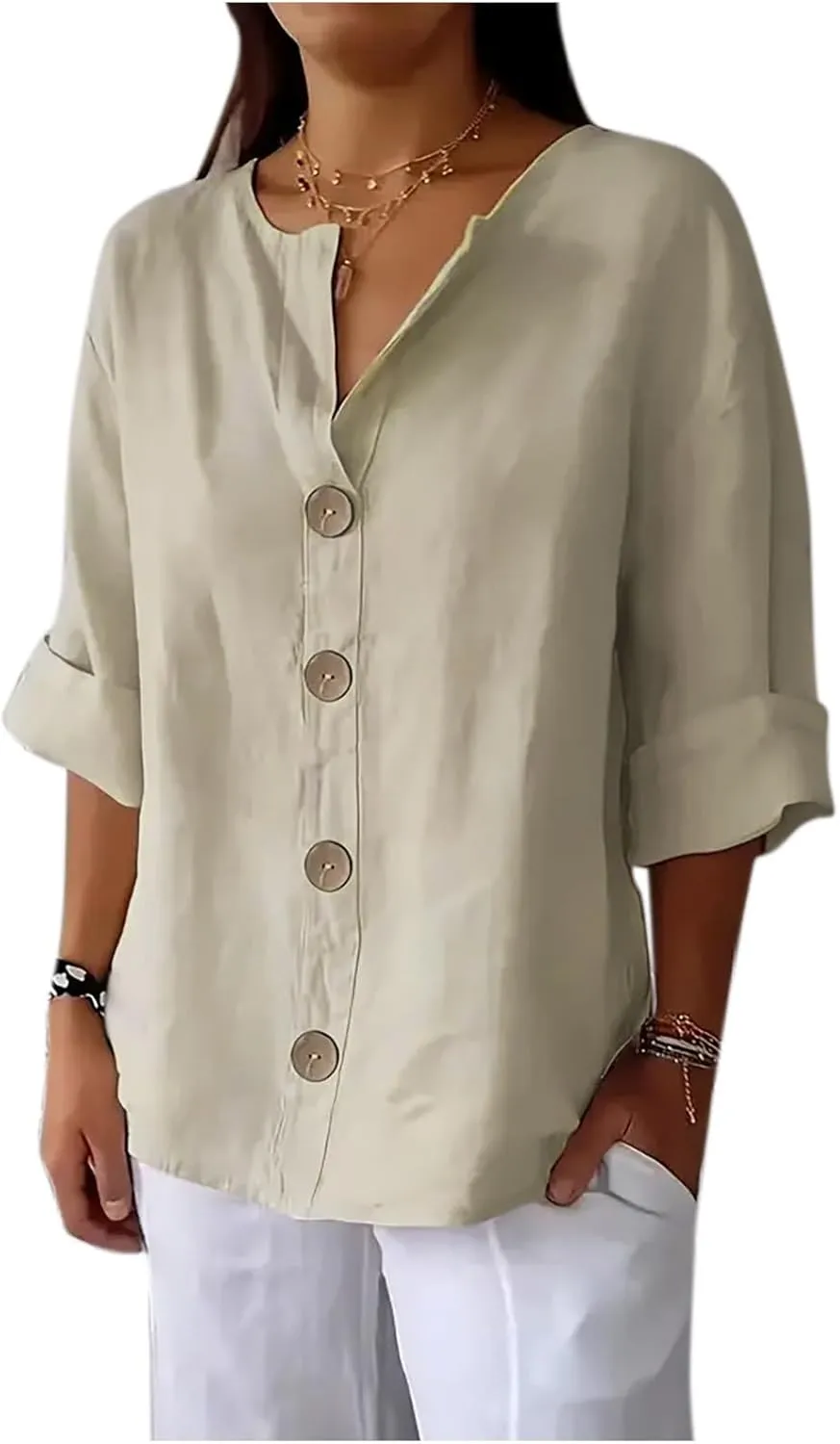 Linen Tops for Women Summer V Neck 3/4 Length Sleeve Womens Tops with Button Roll-Up Sleeve Casual Loose Fit Blouses
