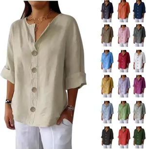 Linen Tops for Women Summer V Neck 3/4 Length Sleeve Womens Tops with Button Roll-Up Sleeve Casual Loose Fit Blouses
