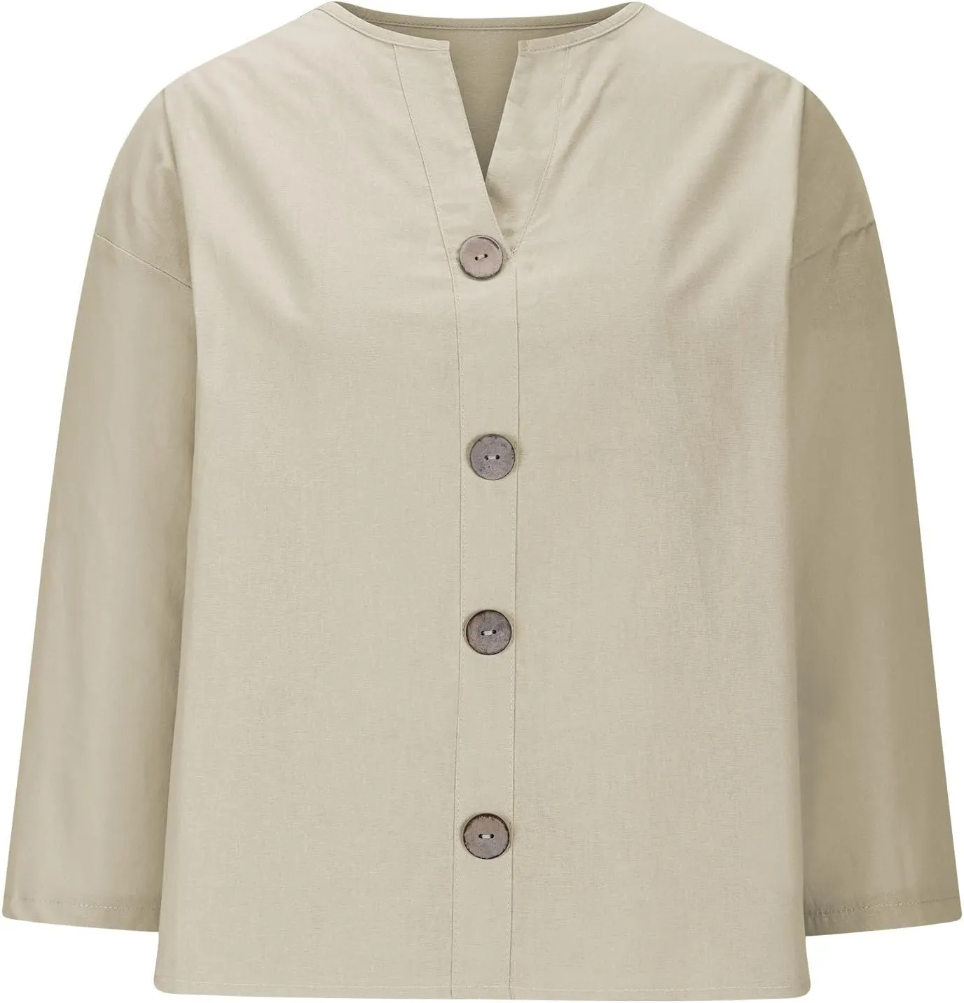 Linen Tops for Women Summer V Neck 3/4 Length Sleeve Womens Tops with Button Roll-Up Sleeve Casual Loose Fit Blouses