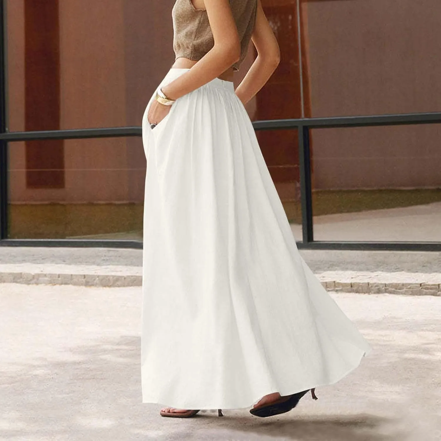 Long Skirts for Women High Waist A Line Skirt Casual Flowy Skirt with Pockets Summer Boho Maxi Dresses