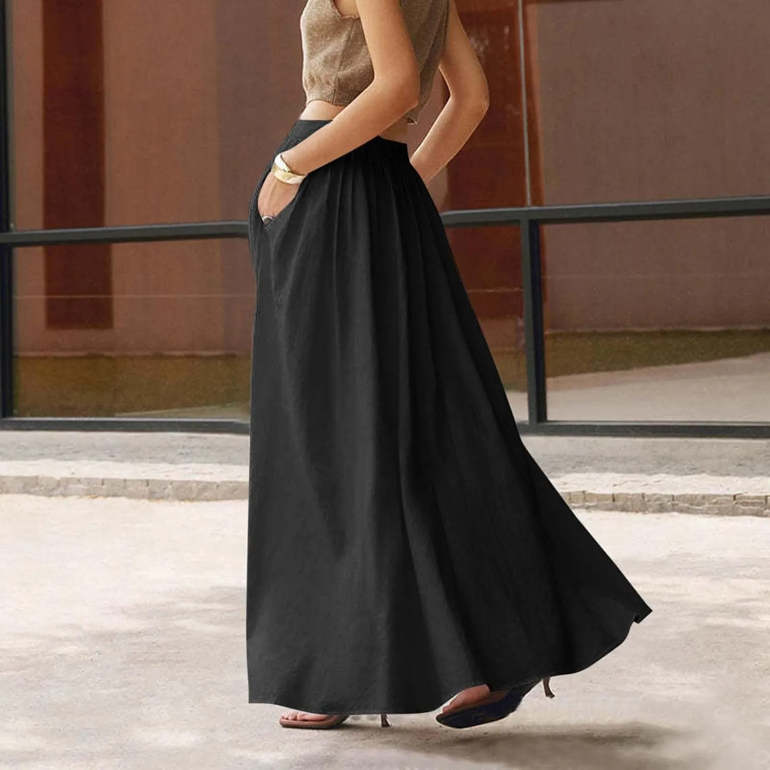 Long Skirts for Women High Waist A Line Skirt Casual Flowy Skirt with Pockets Summer Boho Maxi Dresses