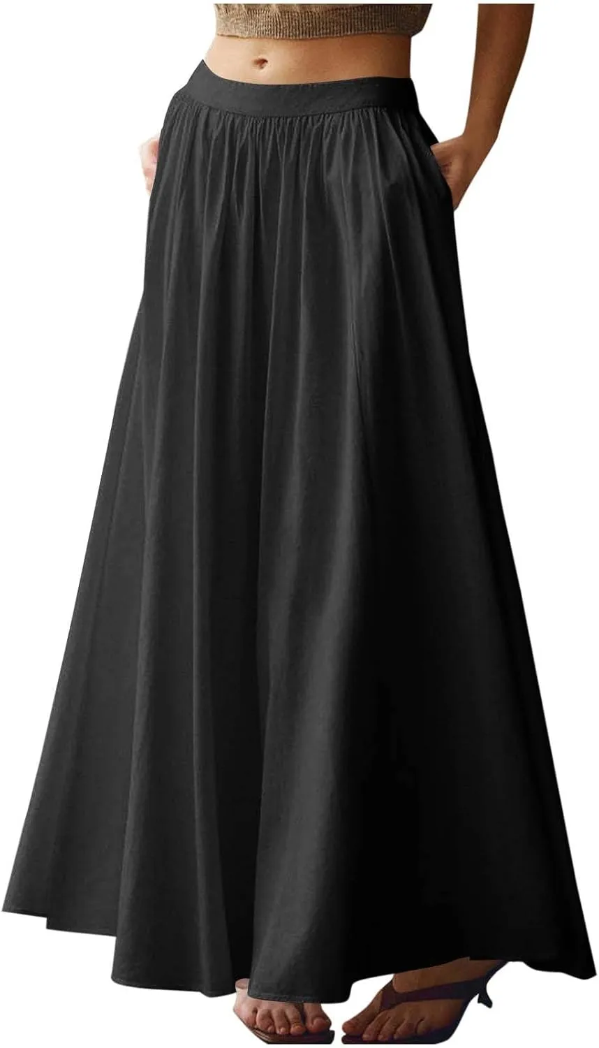 Long Skirts for Women High Waist A Line Skirt Casual Flowy Skirt with Pockets Summer Boho Maxi Dresses