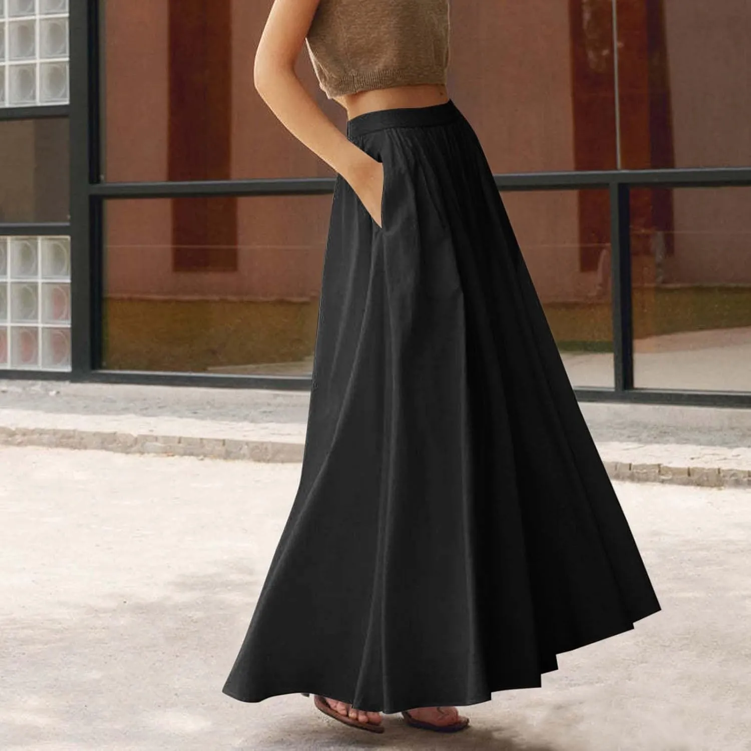 Long Skirts for Women High Waist A Line Skirt Casual Flowy Skirt with Pockets Summer Boho Maxi Dresses