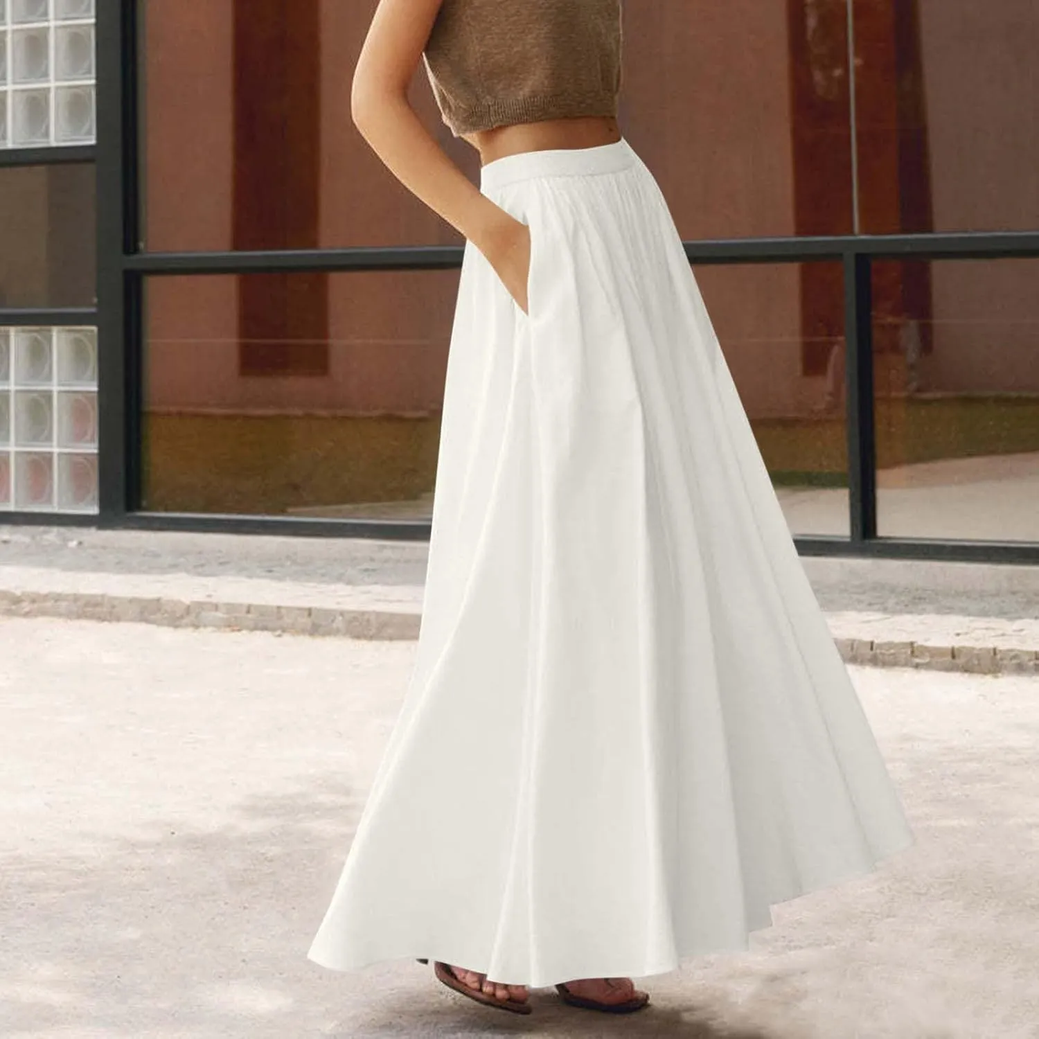 Long Skirts for Women High Waist A Line Skirt Casual Flowy Skirt with Pockets Summer Boho Maxi Dresses
