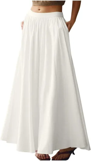 Long Skirts for Women High Waist A Line Skirt Casual Flowy Skirt with Pockets Summer Boho Maxi Dresses