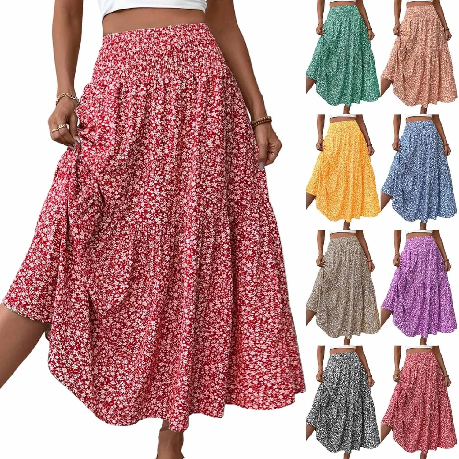 Long Skirts for Women Trendy Summer Flowy Floral Maxi Skirt Lightweight Elastic Smocked High Waisted A Line Skirts