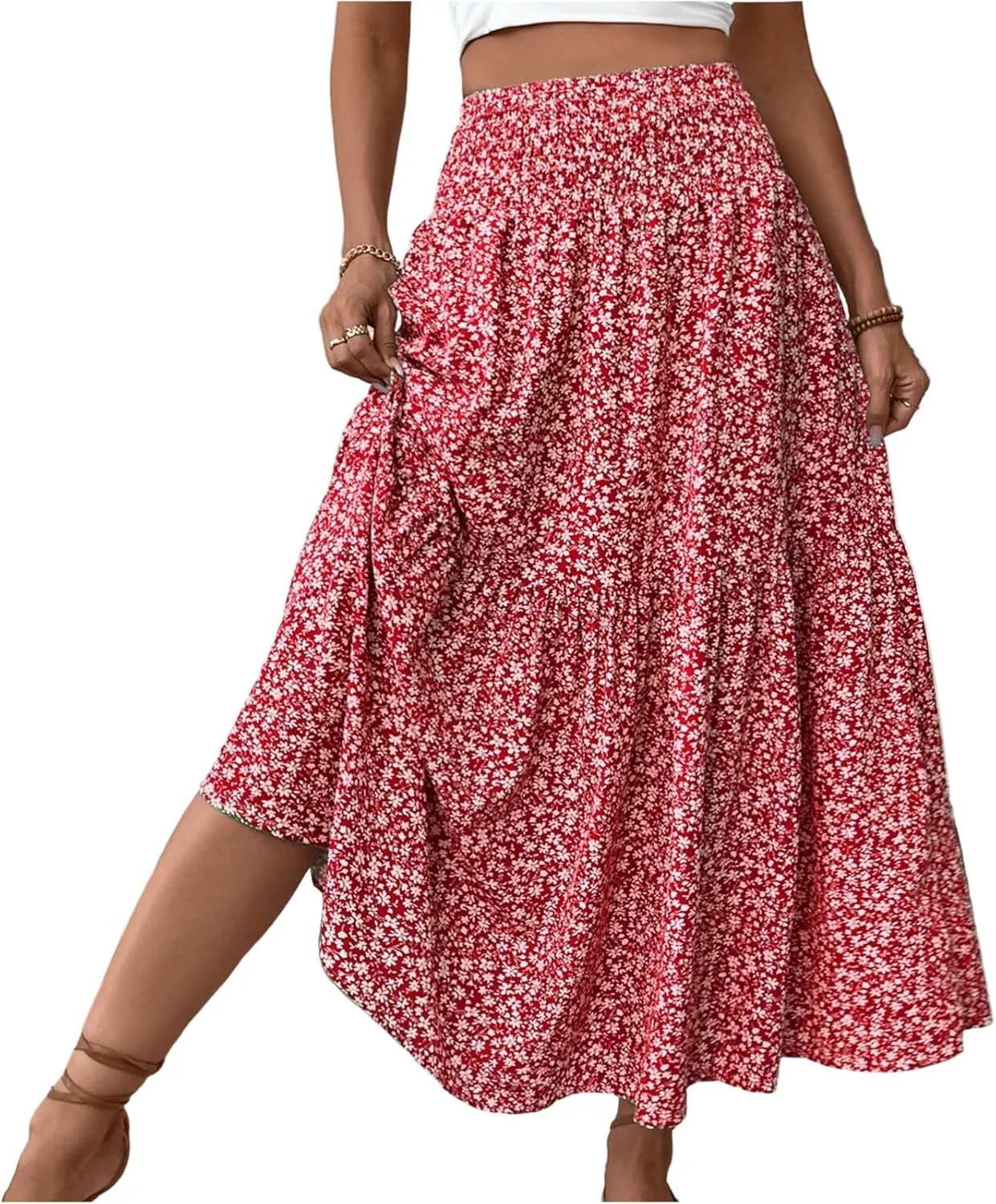 Long Skirts for Women Trendy Summer Flowy Floral Maxi Skirt Lightweight Elastic Smocked High Waisted A Line Skirts