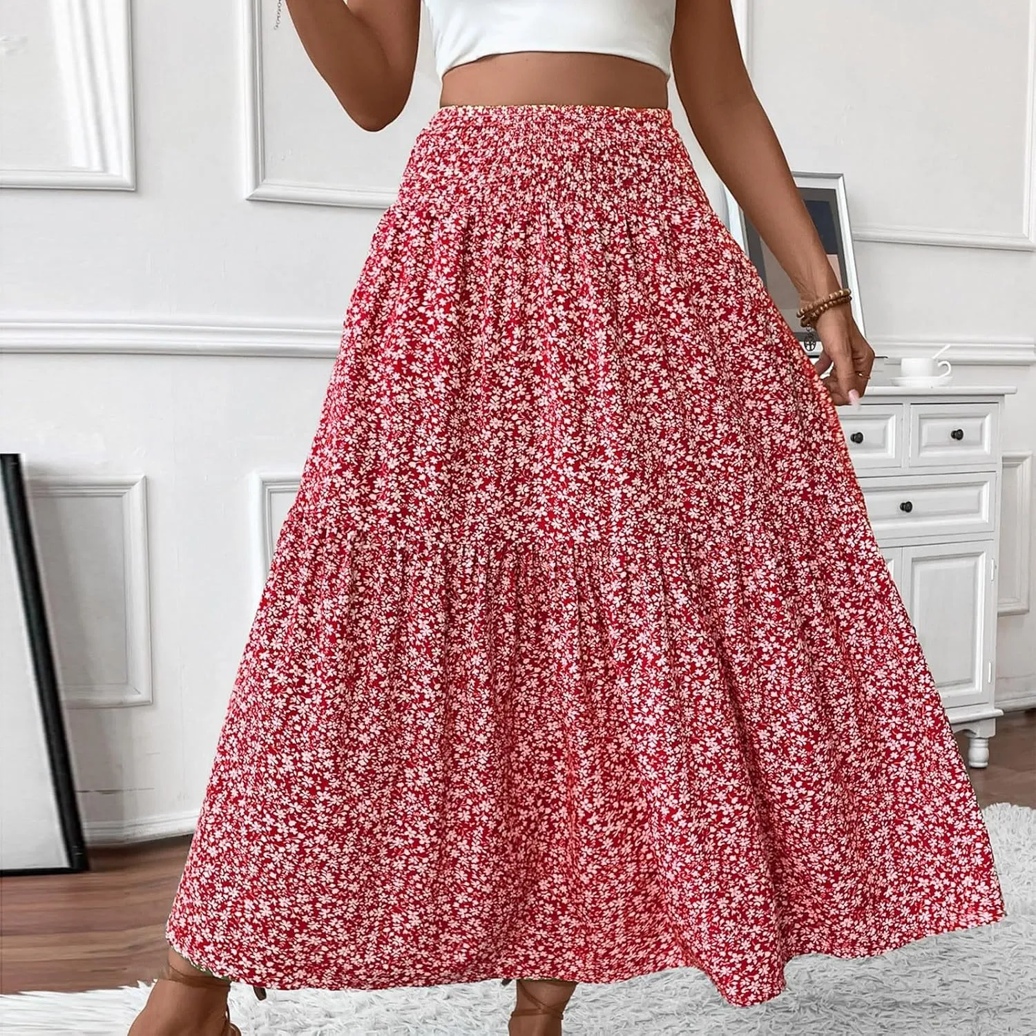 Long Skirts for Women Trendy Summer Flowy Floral Maxi Skirt Lightweight Elastic Smocked High Waisted A Line Skirts