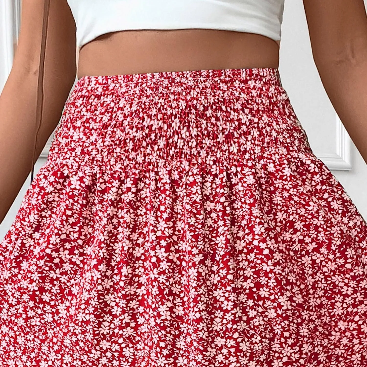 Long Skirts for Women Trendy Summer Flowy Floral Maxi Skirt Lightweight Elastic Smocked High Waisted A Line Skirts