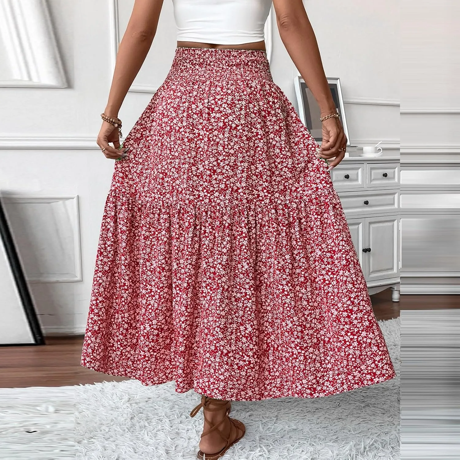 Long Skirts for Women Trendy Summer Flowy Floral Maxi Skirt Lightweight Elastic Smocked High Waisted A Line Skirts