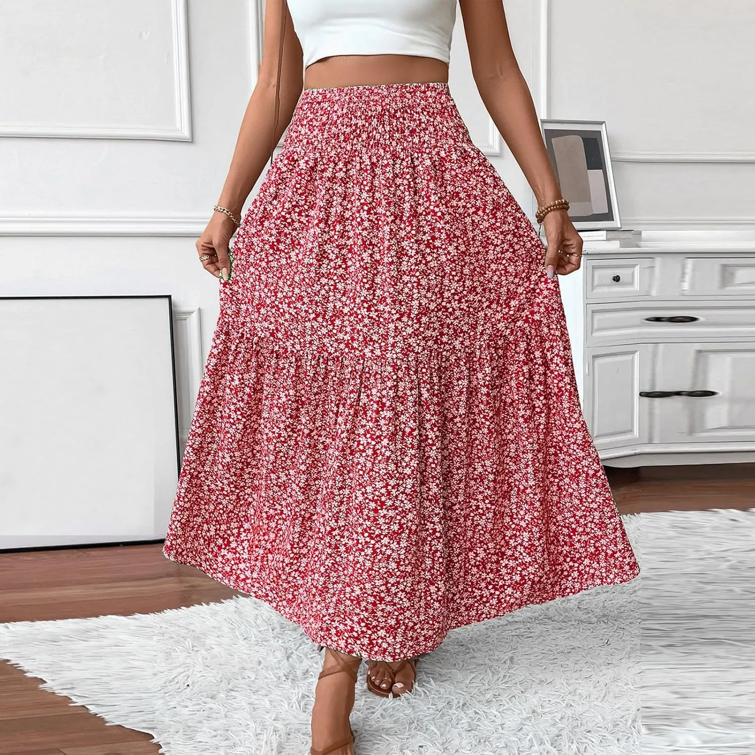 Long Skirts for Women Trendy Summer Flowy Floral Maxi Skirt Lightweight Elastic Smocked High Waisted A Line Skirts