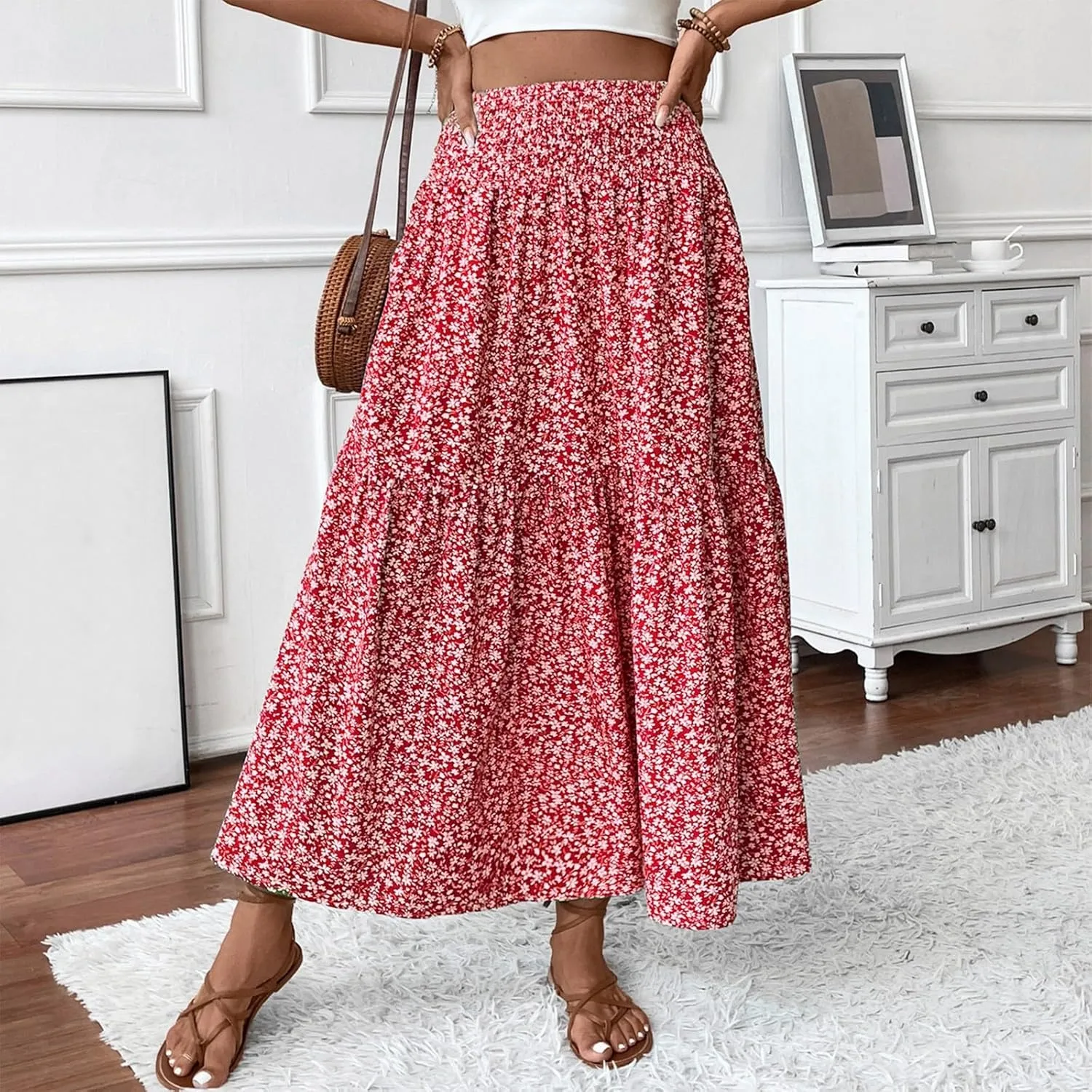 Long Skirts for Women Trendy Summer Flowy Floral Maxi Skirt Lightweight Elastic Smocked High Waisted A Line Skirts