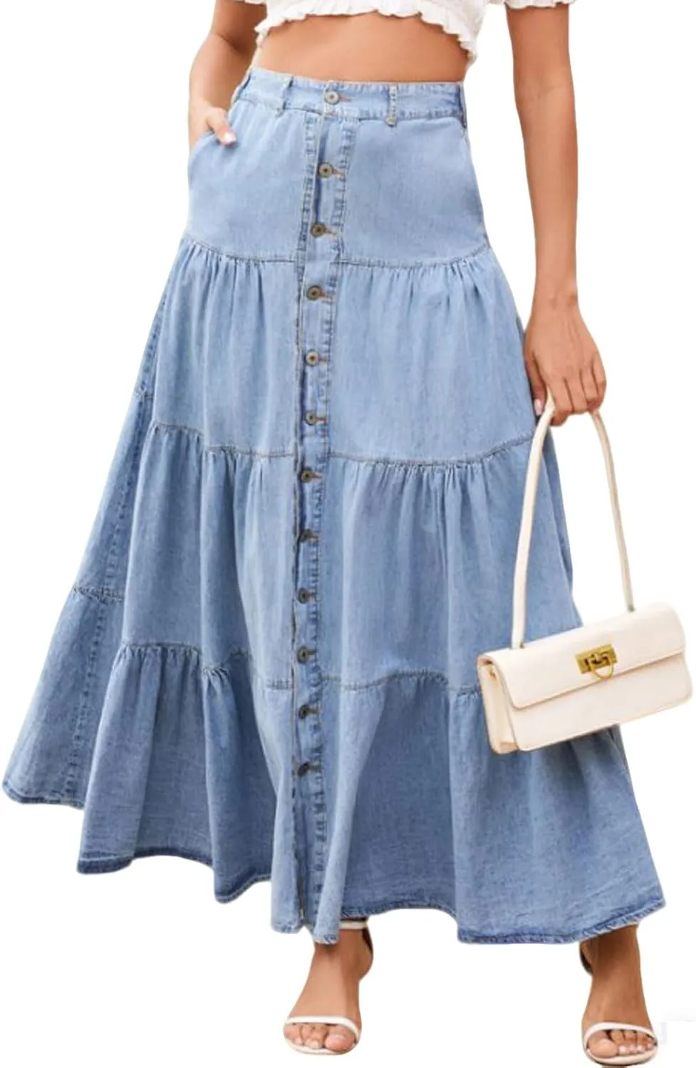 loveimgs Women Western Elastic High Waisted A Line Long Denim Skirt Button Ruffle Tiered Jean Maxi Skirt Patchwork Pocket Y2k