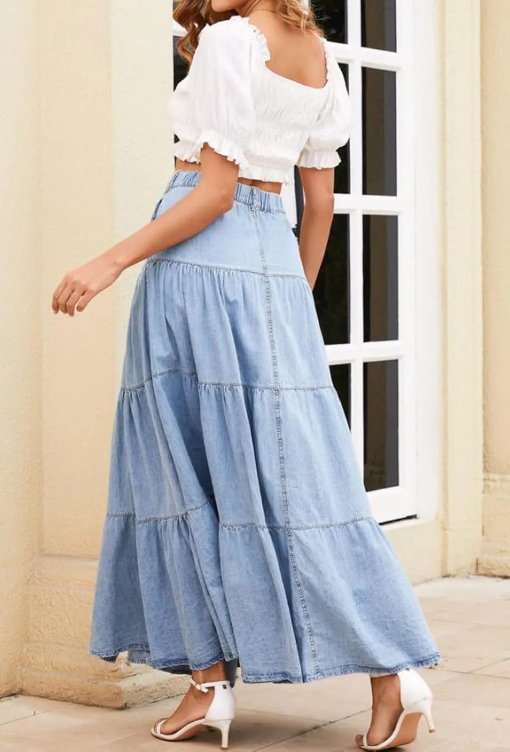 loveimgs Women Western Elastic High Waisted A Line Long Denim Skirt Button Ruffle Tiered Jean Maxi Skirt Patchwork Pocket Y2k