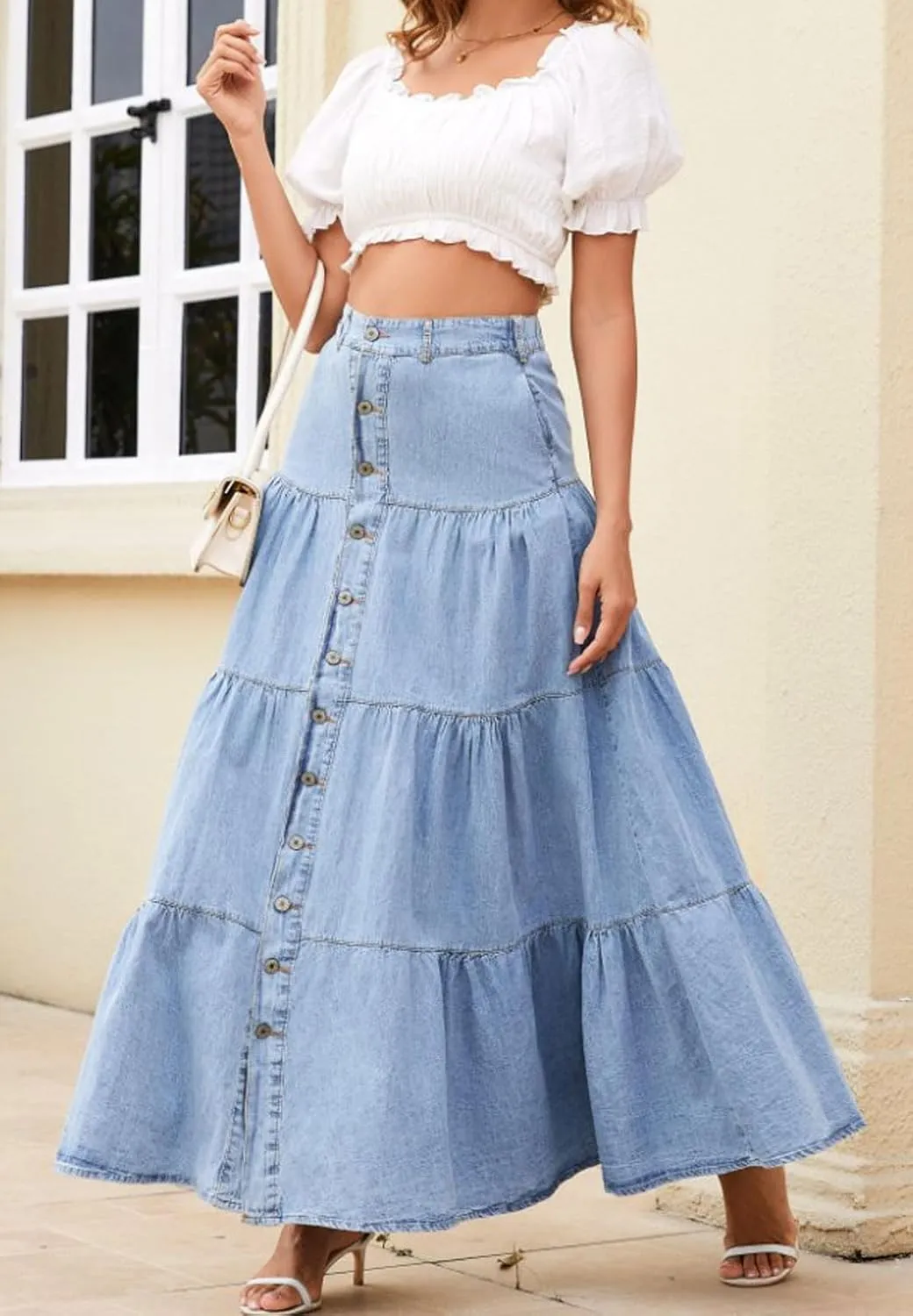 loveimgs Women Western Elastic High Waisted A Line Long Denim Skirt Button Ruffle Tiered Jean Maxi Skirt Patchwork Pocket Y2k