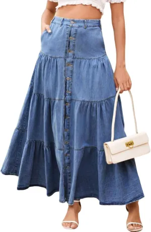 loveimgs Women Western Elastic High Waisted A Line Long Denim Skirt Button Ruffle Tiered Jean Maxi Skirt Patchwork Pocket Y2k