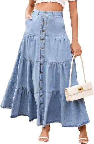 loveimgs Women Western Elastic High Waisted A Line Long Denim Skirt Button Ruffle Tiered Jean Maxi Skirt Patchwork Pocket Y2k