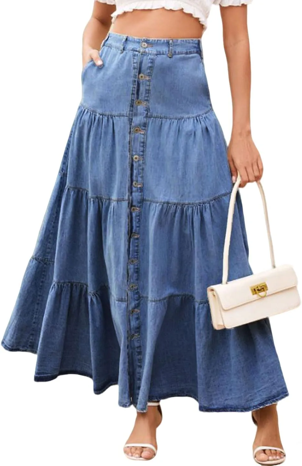 loveimgs Women Western Elastic High Waisted A Line Long Denim Skirt Button Ruffle Tiered Jean Maxi Skirt Patchwork Pocket Y2k