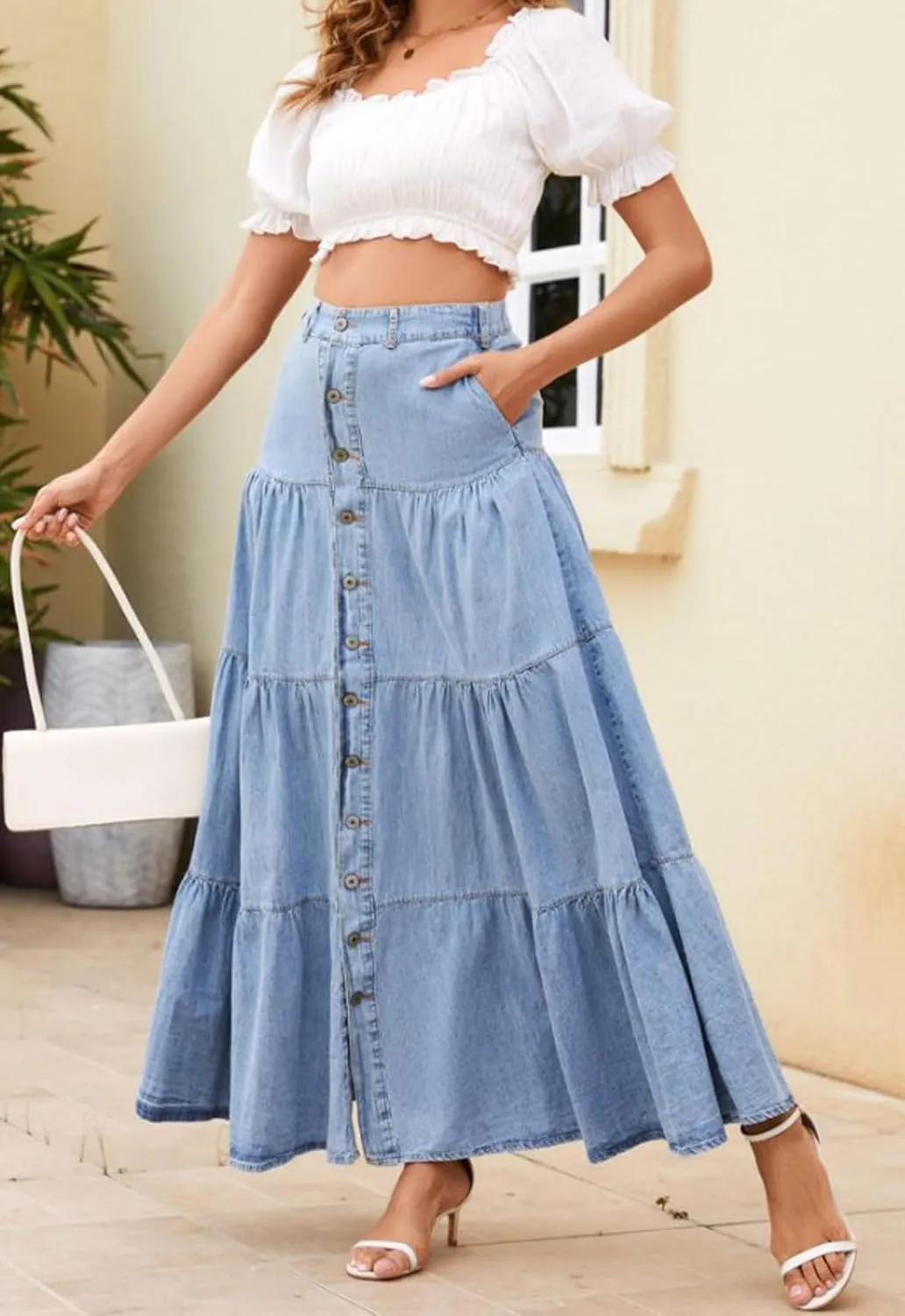 loveimgs Women Western Elastic High Waisted A Line Long Denim Skirt Button Ruffle Tiered Jean Maxi Skirt Patchwork Pocket Y2k