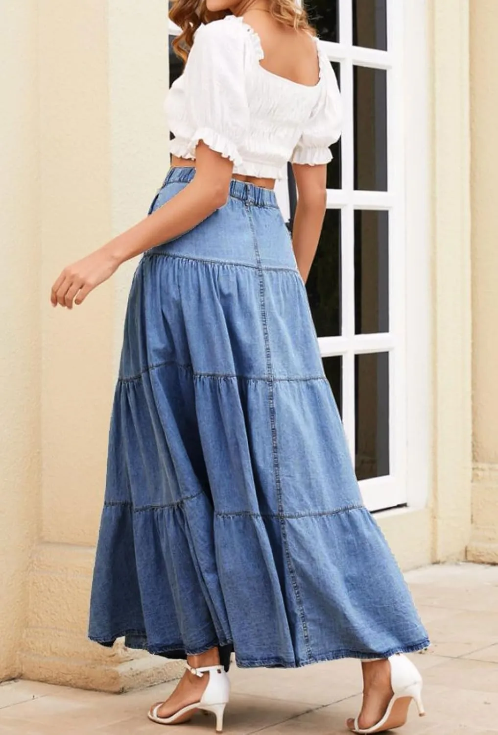 loveimgs Women Western Elastic High Waisted A Line Long Denim Skirt Button Ruffle Tiered Jean Maxi Skirt Patchwork Pocket Y2k
