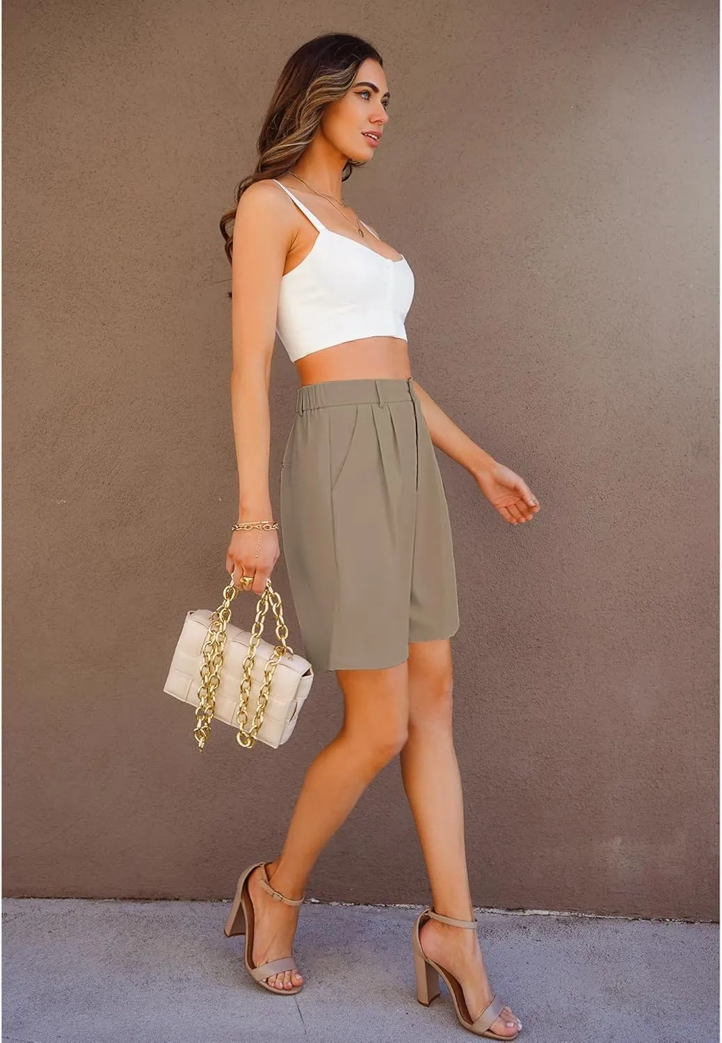 luvamia Bermuda Shorts for Women Dressy Casual High Waisted Summer Work Elastic Waist Pleated Dress Shorts with Pockets
