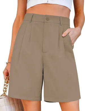 luvamia Bermuda Shorts for Women Dressy Casual High Waisted Summer Work Elastic Waist Pleated Dress Shorts with Pockets