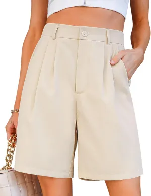 luvamia Bermuda Shorts for Women Dressy Casual High Waisted Summer Work Elastic Waist Pleated Dress Shorts with Pockets