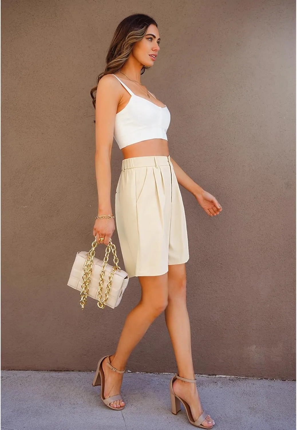 luvamia Bermuda Shorts for Women Dressy Casual High Waisted Summer Work Elastic Waist Pleated Dress Shorts with Pockets