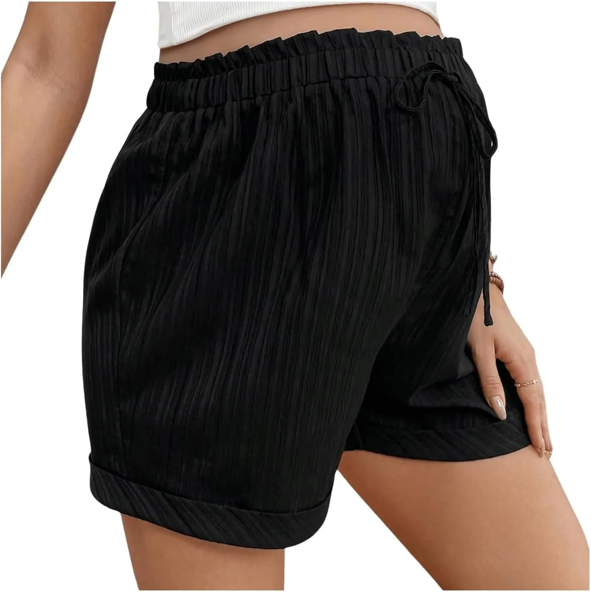 MakeMeChic Women's Maternity Casual Drawstring Shorts Summer Adjustable Waist Textured Pregnancy Shorts
