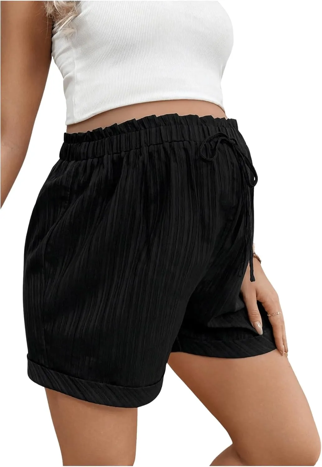 MakeMeChic Women's Maternity Casual Drawstring Shorts Summer Adjustable Waist Textured Pregnancy Shorts