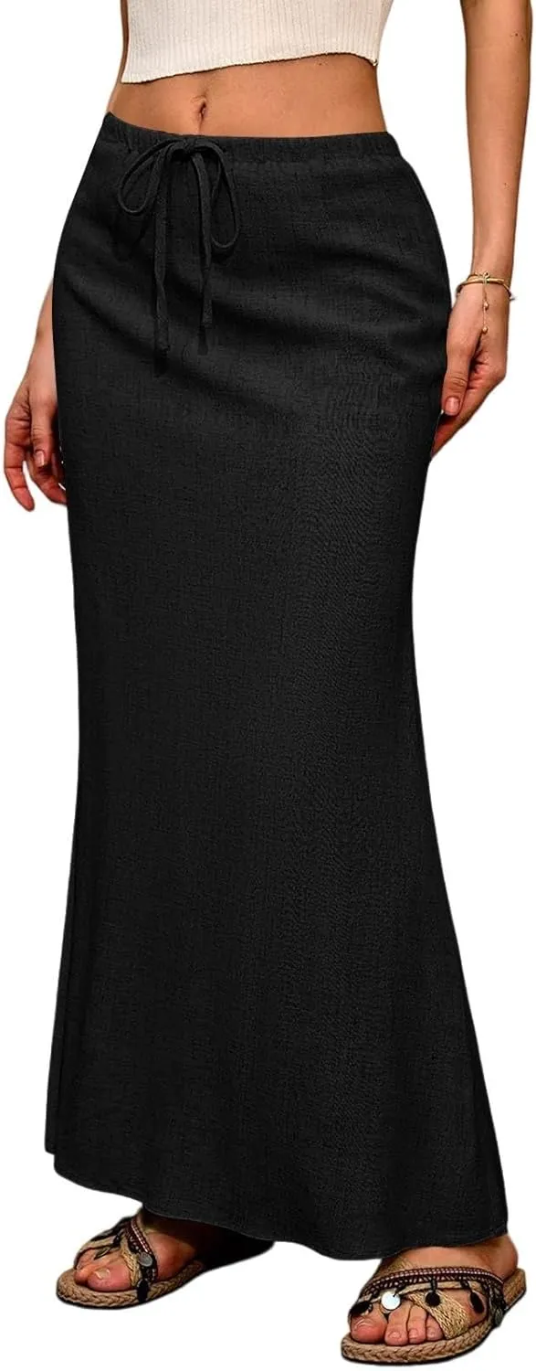 Maxi Skirt Cotton Linen Skirts for Women Summer Drawstring Elastic High Waisted Aline Skirt Slit Cute Long Skirt