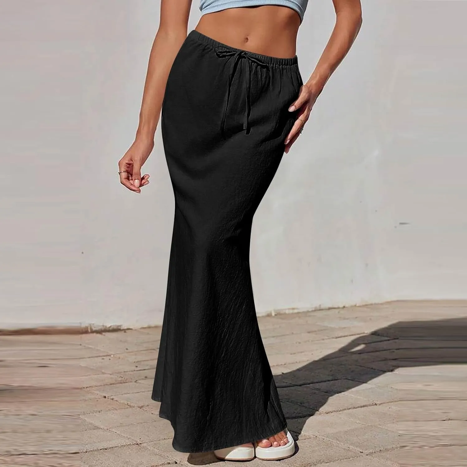 Maxi Skirt Cotton Linen Skirts for Women Summer Drawstring Elastic High Waisted Aline Skirt Slit Cute Long Skirt
