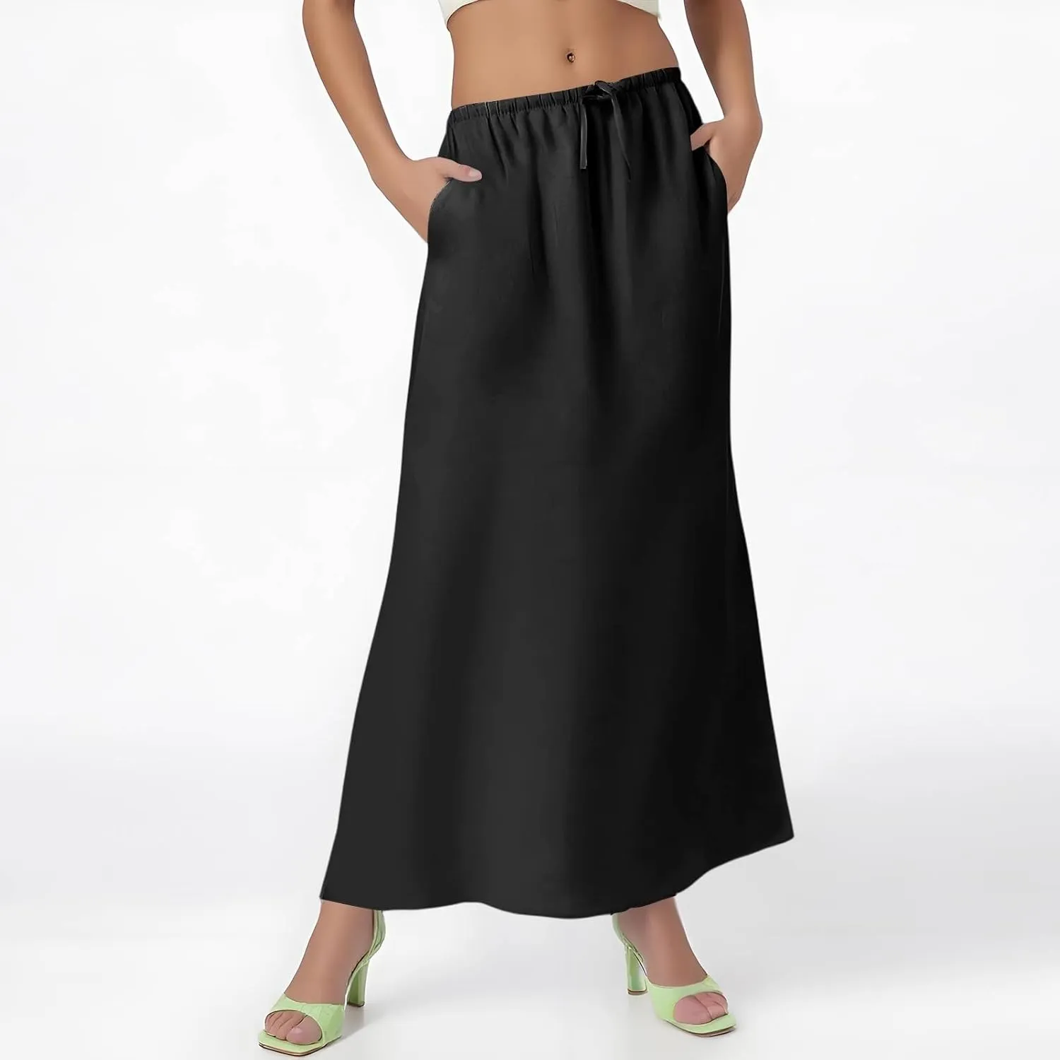Maxi Skirt Cotton Linen Skirts for Women Summer Drawstring Elastic High Waisted Aline Skirt Slit Cute Long Skirt