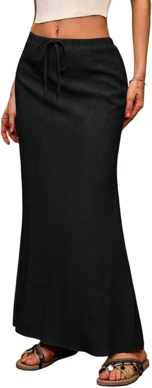 Maxi Skirt Cotton Linen Skirts for Women Summer Drawstring Elastic High Waisted Aline Skirt Slit Cute Long Skirt