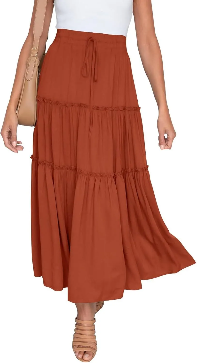 Maxi Skirt for Women Flowy Elastic High Waist Long Skirts Boho Summer Beach Pleated A-Line Skirts with Drawstring