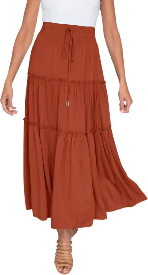 Maxi Skirt for Women Flowy Elastic High Waist Long Skirts Boho Summer Beach Pleated A-Line Skirts with Drawstring