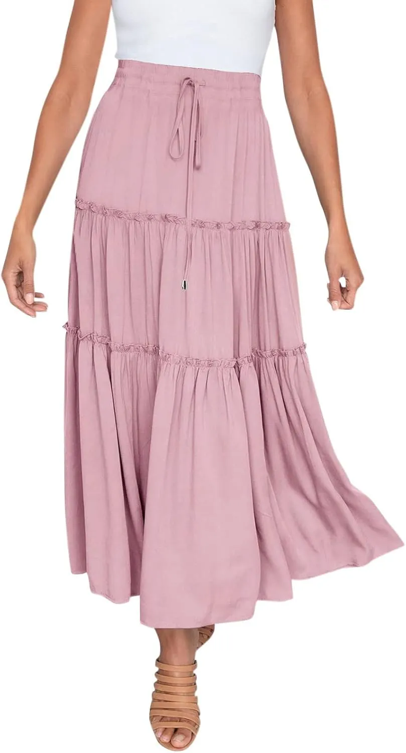 Maxi Skirt for Women Flowy Elastic High Waist Long Skirts Boho Summer Beach Pleated A-Line Skirts with Drawstring