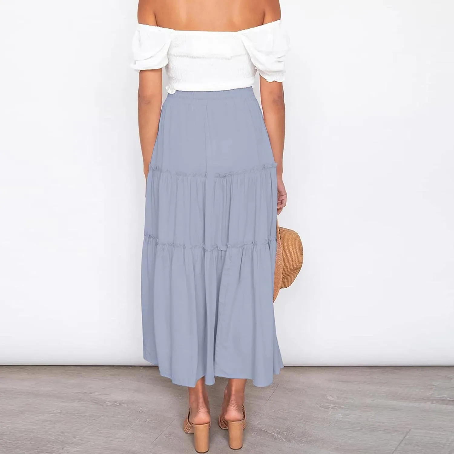 Maxi Skirt for Women Flowy Elastic High Waist Long Skirts Boho Summer Beach Pleated A-Line Skirts with Drawstring