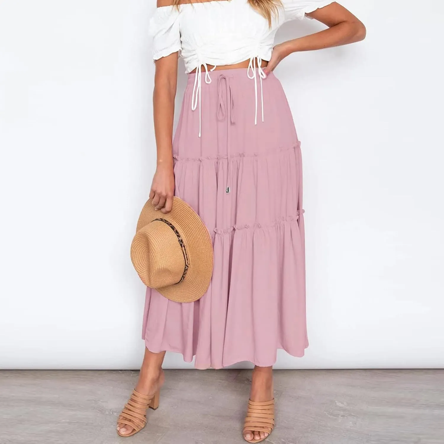 Maxi Skirt for Women Flowy Elastic High Waist Long Skirts Boho Summer Beach Pleated A-Line Skirts with Drawstring