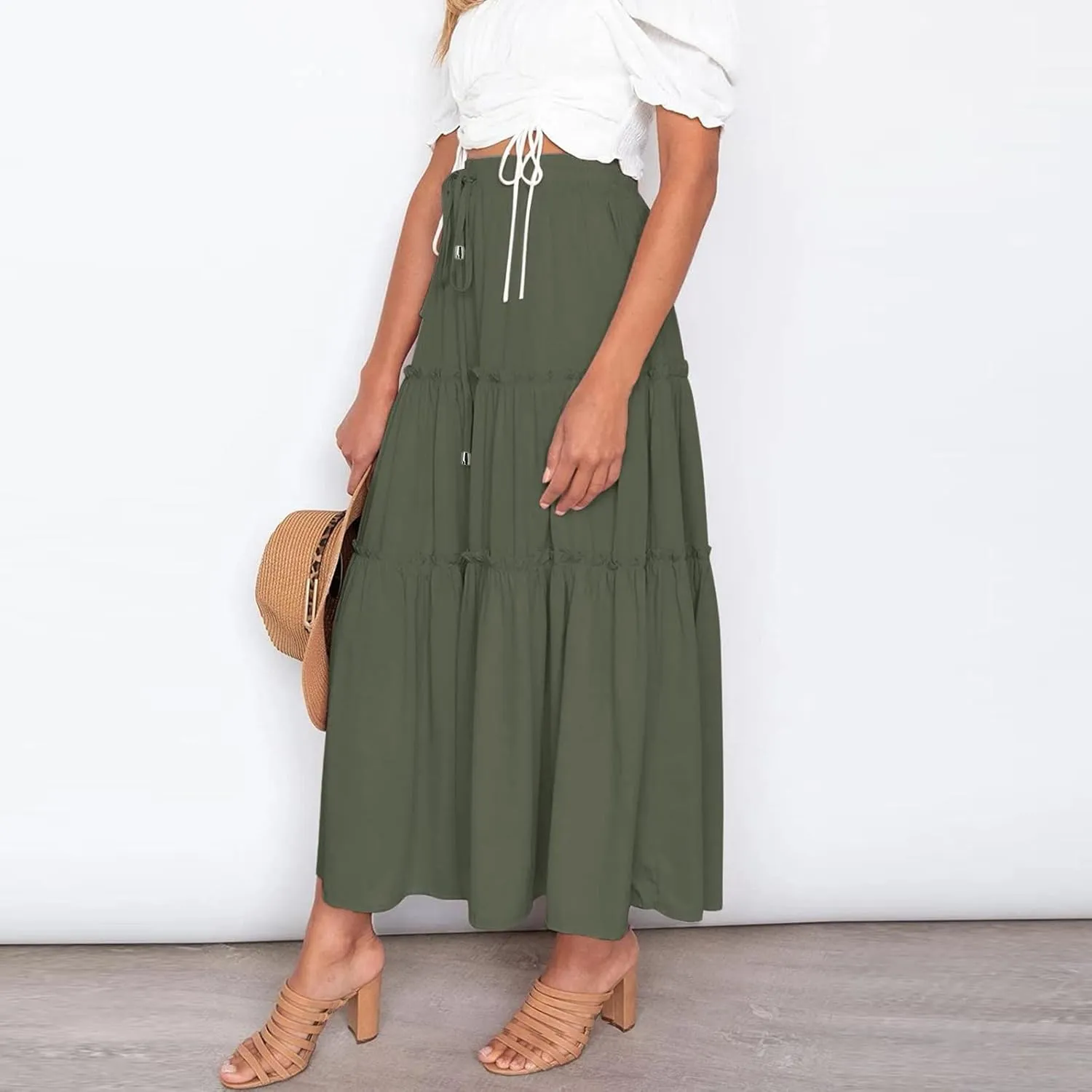 Maxi Skirt for Women Flowy Elastic High Waist Long Skirts Boho Summer Beach Pleated A-Line Skirts with Drawstring