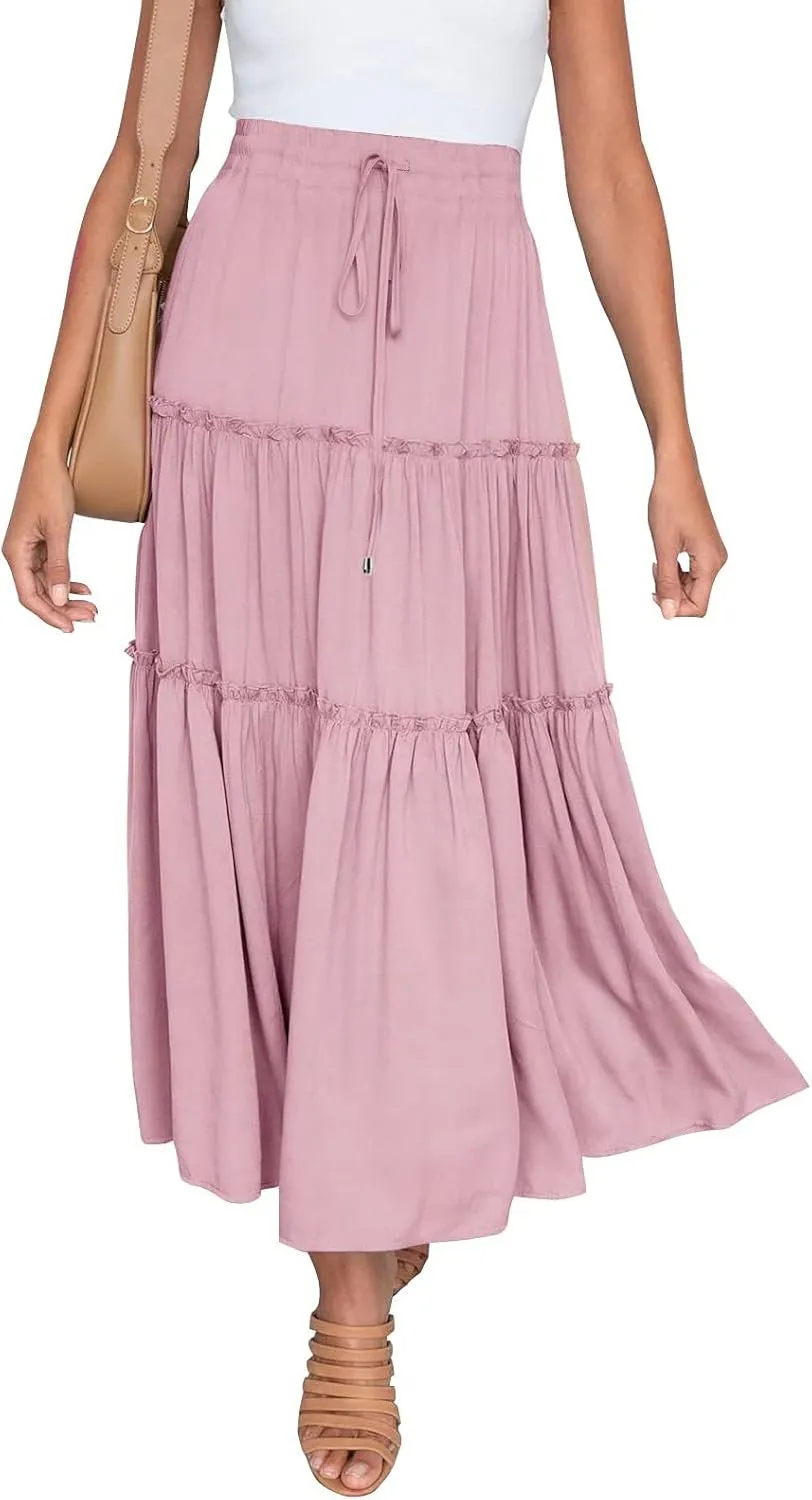 Maxi Skirt for Women Flowy Elastic High Waist Long Skirts Boho Summer Beach Pleated A-Line Skirts with Drawstring