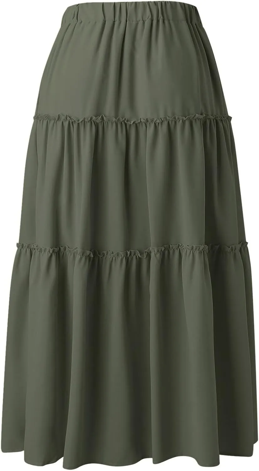 Maxi Skirt for Women Flowy Elastic High Waist Long Skirts Boho Summer Beach Pleated A-Line Skirts with Drawstring