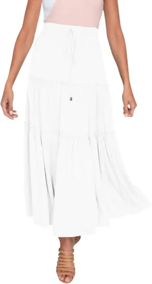 Maxi Skirt for Women Flowy Elastic High Waist Long Skirts Boho Summer Beach Pleated A-Line Skirts with Drawstring