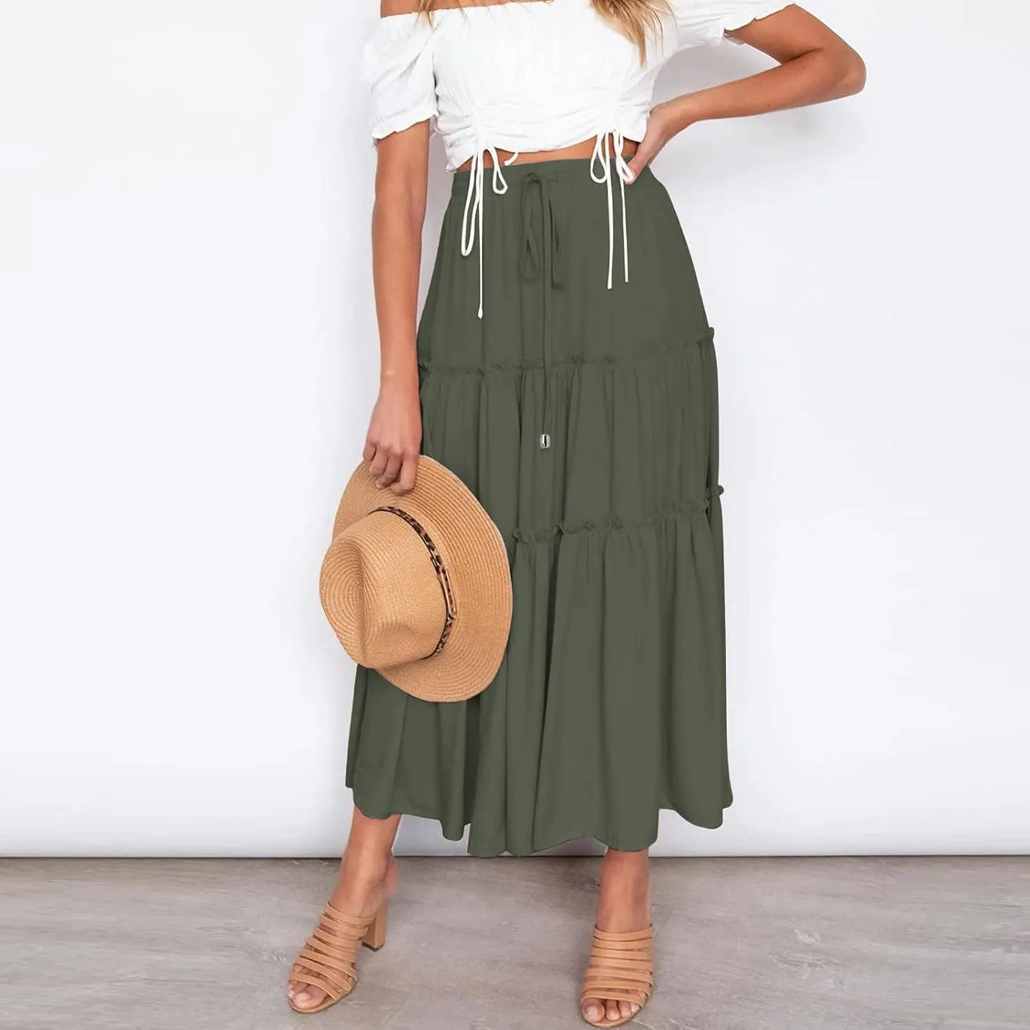 Maxi Skirt for Women Flowy Elastic High Waist Long Skirts Boho Summer Beach Pleated A-Line Skirts with Drawstring