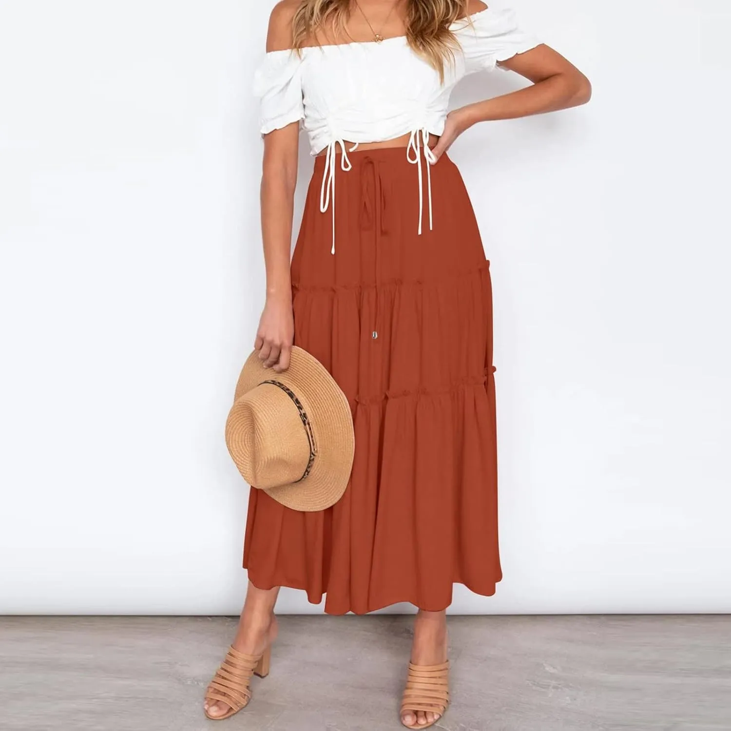 Maxi Skirt for Women Flowy Elastic High Waist Long Skirts Boho Summer Beach Pleated A-Line Skirts with Drawstring