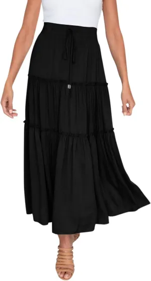Maxi Skirt for Women Flowy Elastic High Waist Long Skirts Boho Summer Beach Pleated A-Line Skirts with Drawstring