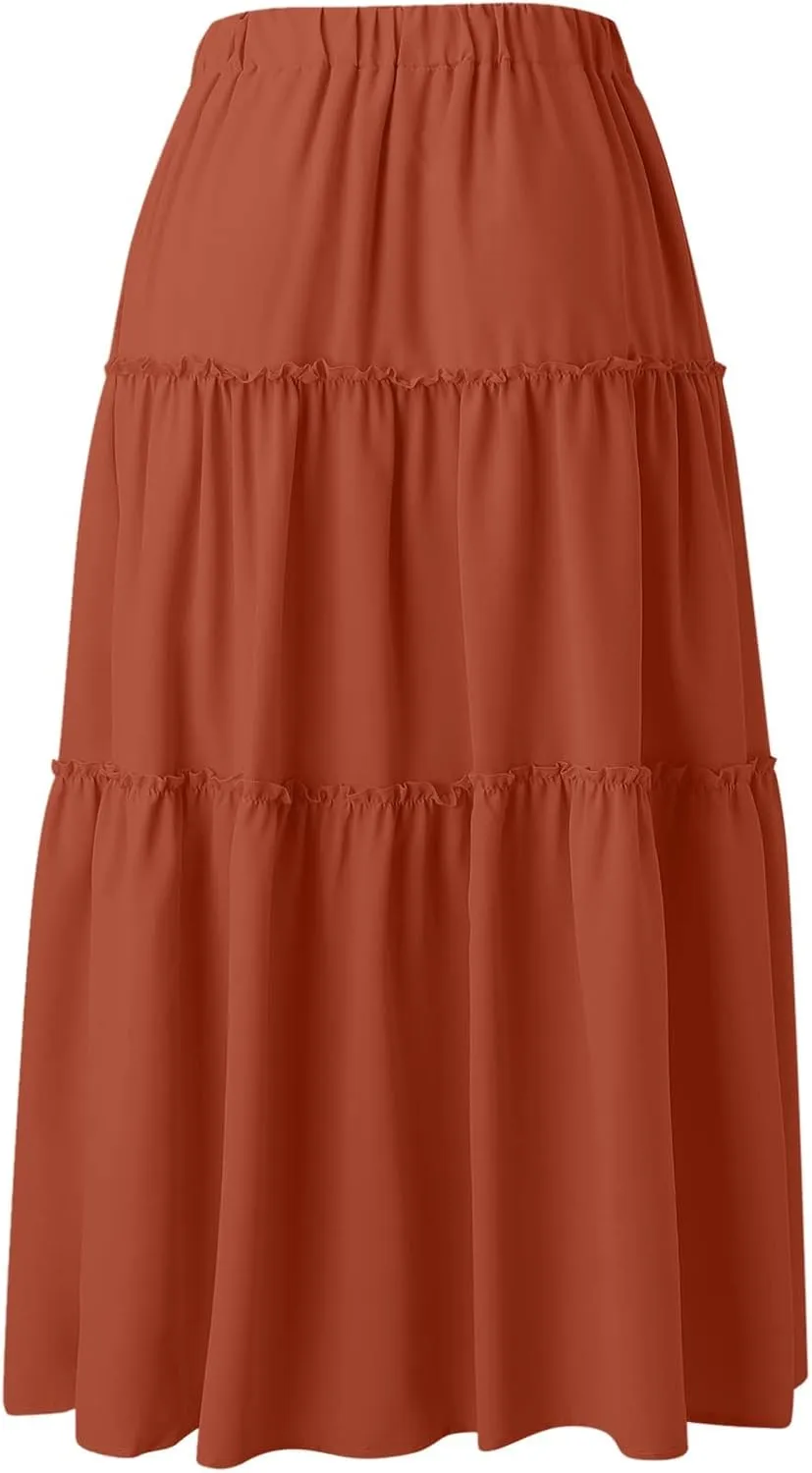 Maxi Skirt for Women Flowy Elastic High Waist Long Skirts Boho Summer Beach Pleated A-Line Skirts with Drawstring